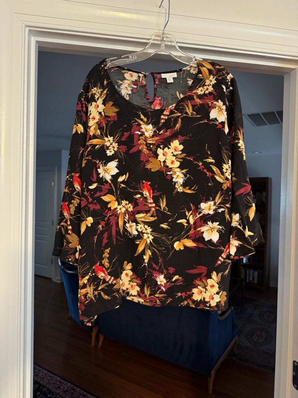 JJill Black Floral V-Neck Tunic with Yellow & Burgundy Accents